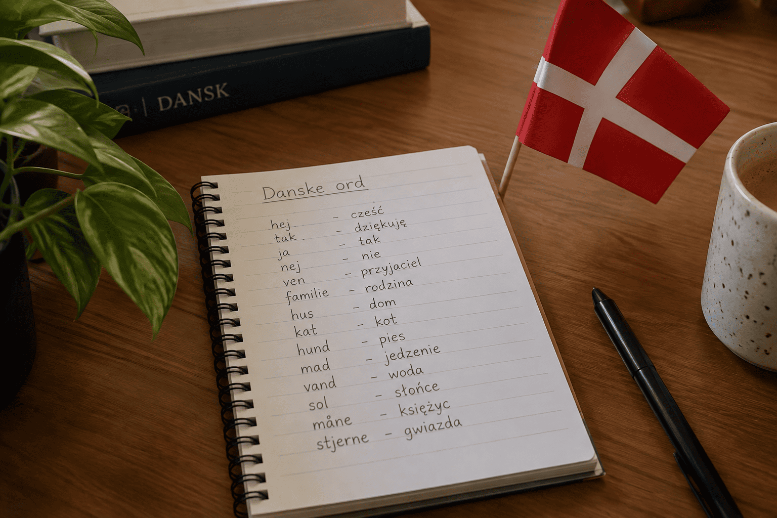Prøve-i-Dansk-pluggis Nauka duńskiego przed egzaminem Prøve i Dansk – notatki i flaga Danii